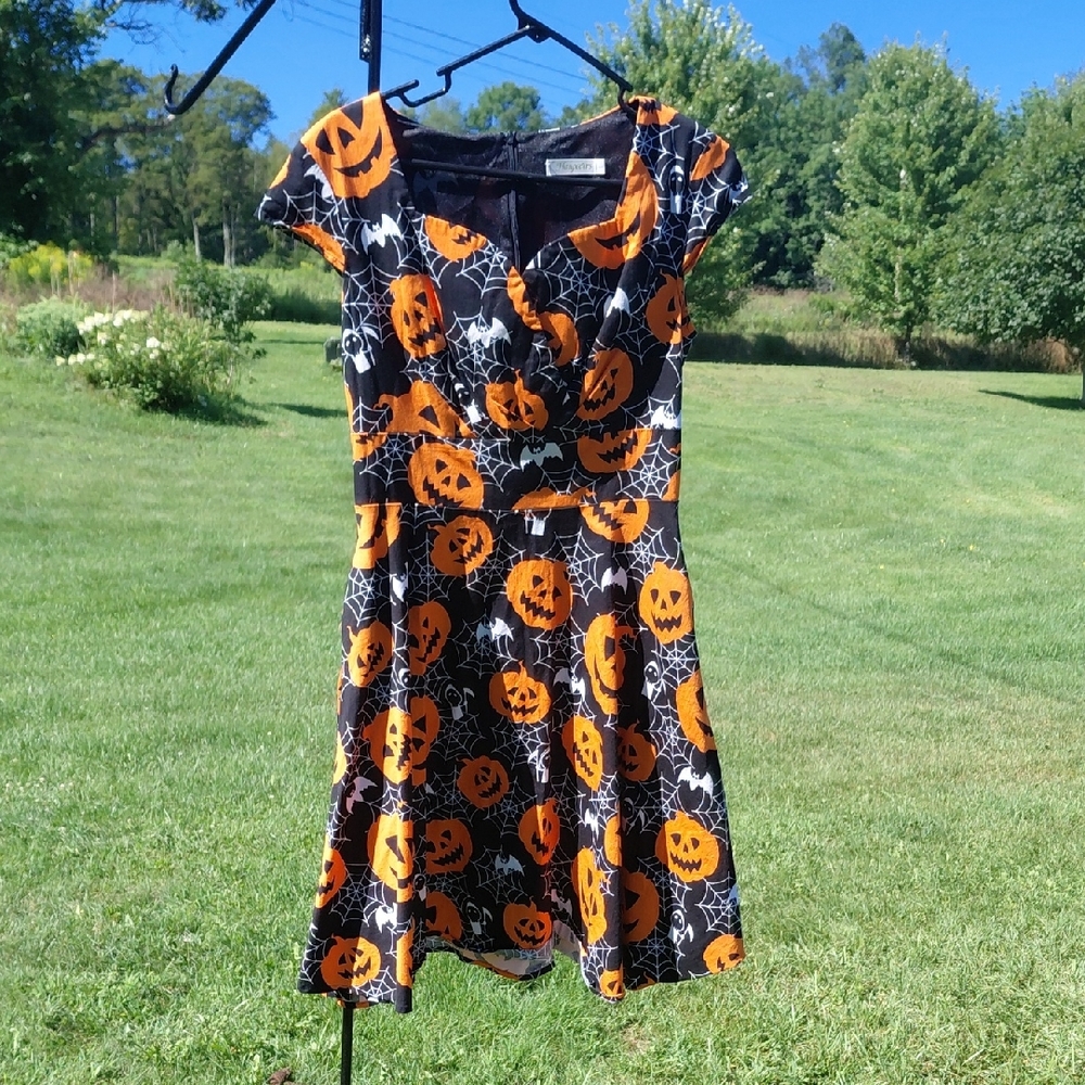 Spooky Pumpkin Print Midi Dress - Black and Orange